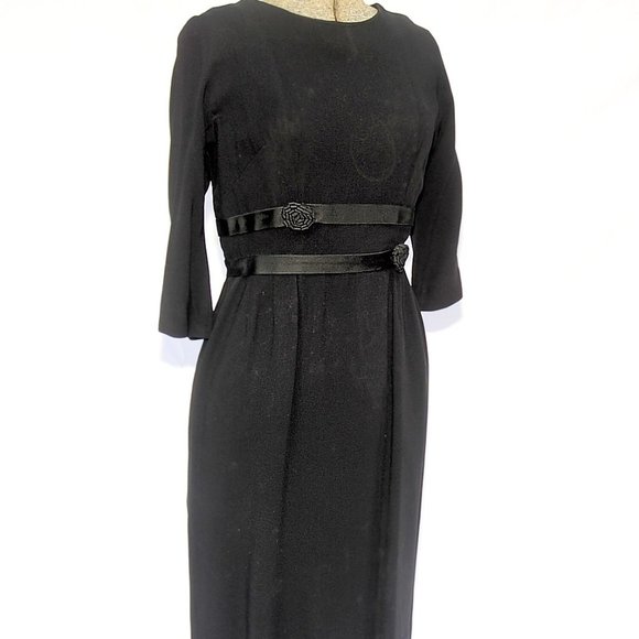 Vintage 50's 60's Black Crepe Cocktail Party Dress Ribbon Rosettes SM by Pavelle - Picture 5 of 10